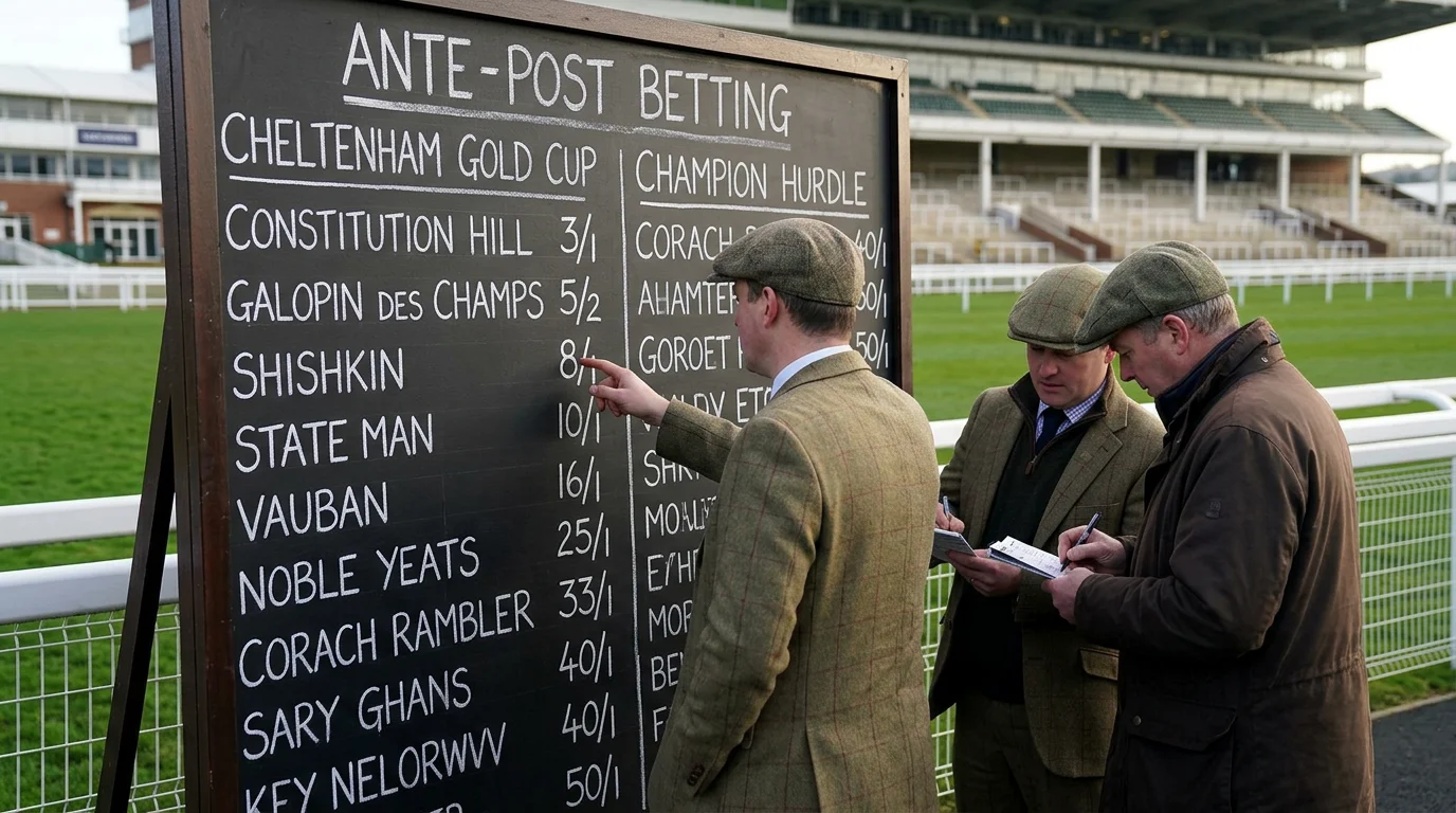 Bookmaker board showing early ante-post prices weeks before a major UK horse racing festival