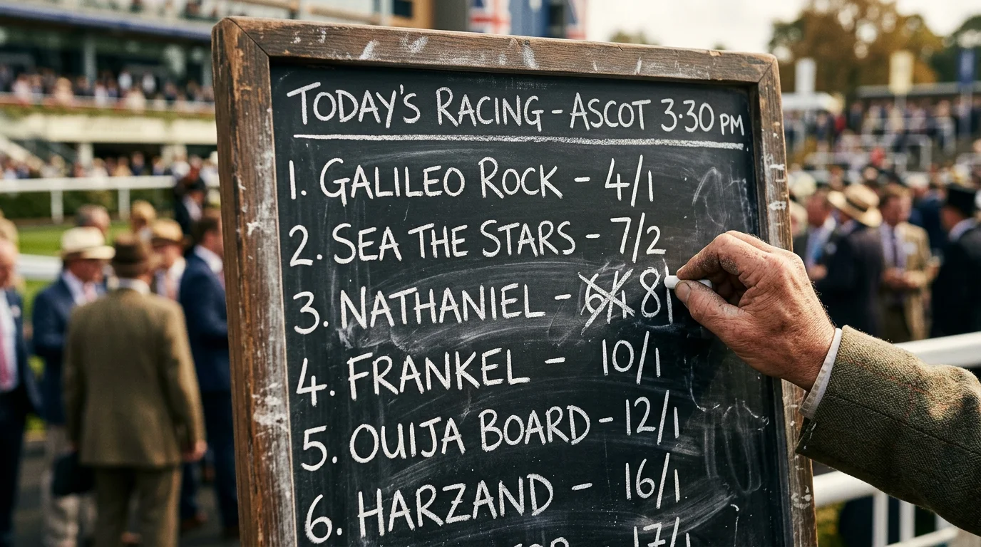 Close-up of a bookmaker odds board at a UK racecourse showing starting prices drifting higher