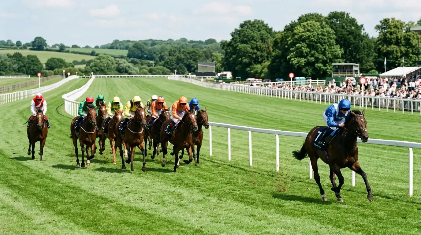 Field of horses racing at a UK flat racecourse with the favourite marked on the running rail