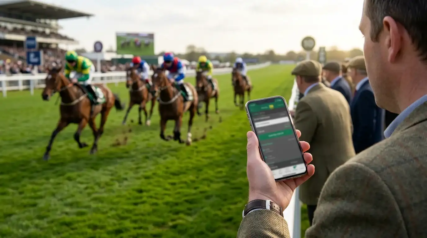 Punter watching a live horse race on a mobile phone with a cash out button visible on screen