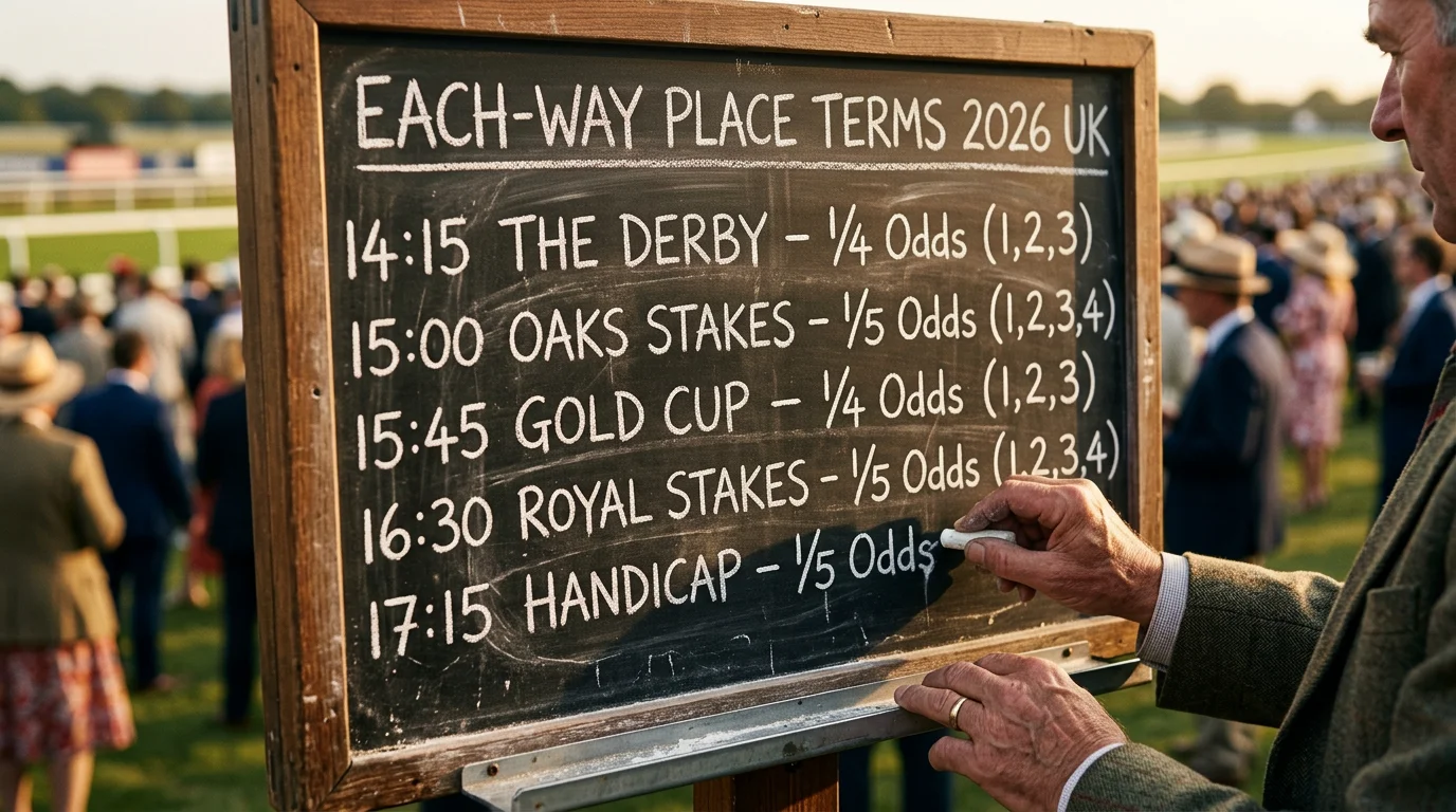 Bookmaker chalk board at a UK racecourse displaying each-way terms and place fractions