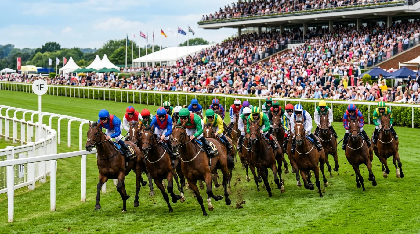 Large field of horses racing in a UK handicap with a prominent Extra Places banner at the course