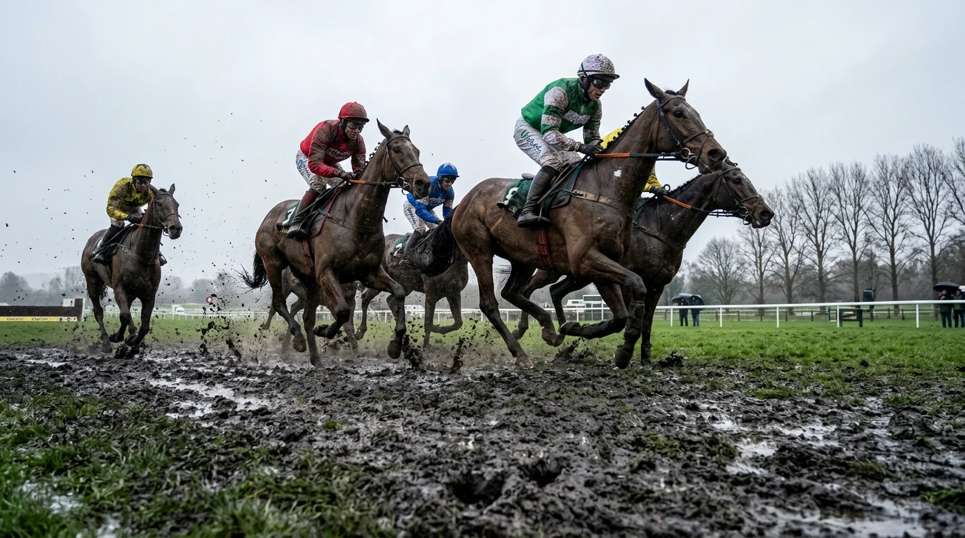 Horses racing on soft ground at a UK National Hunt racecourse with mud spraying from the turf