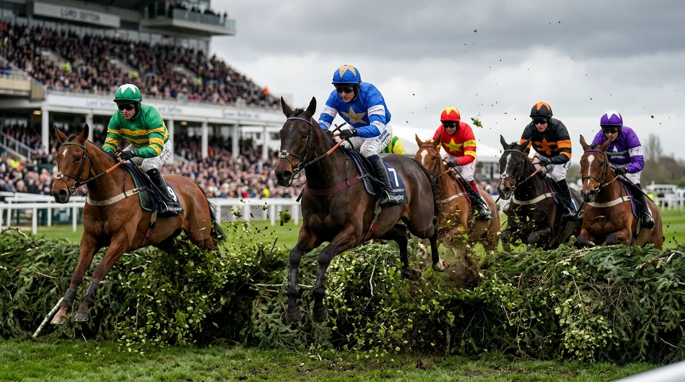Grand National at Aintree racecourse — horses jumping a fence in the biggest UK betting race