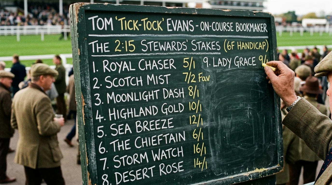 Close-up of a bookmaker's board at a UK racecourse showing horse racing odds
