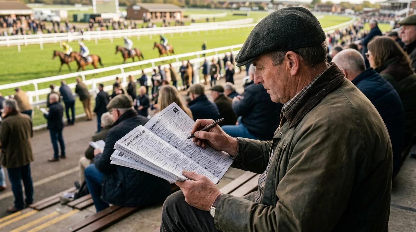 Racegoer reading a horse racing form guide and racecard at a UK racecourse before placing a bet