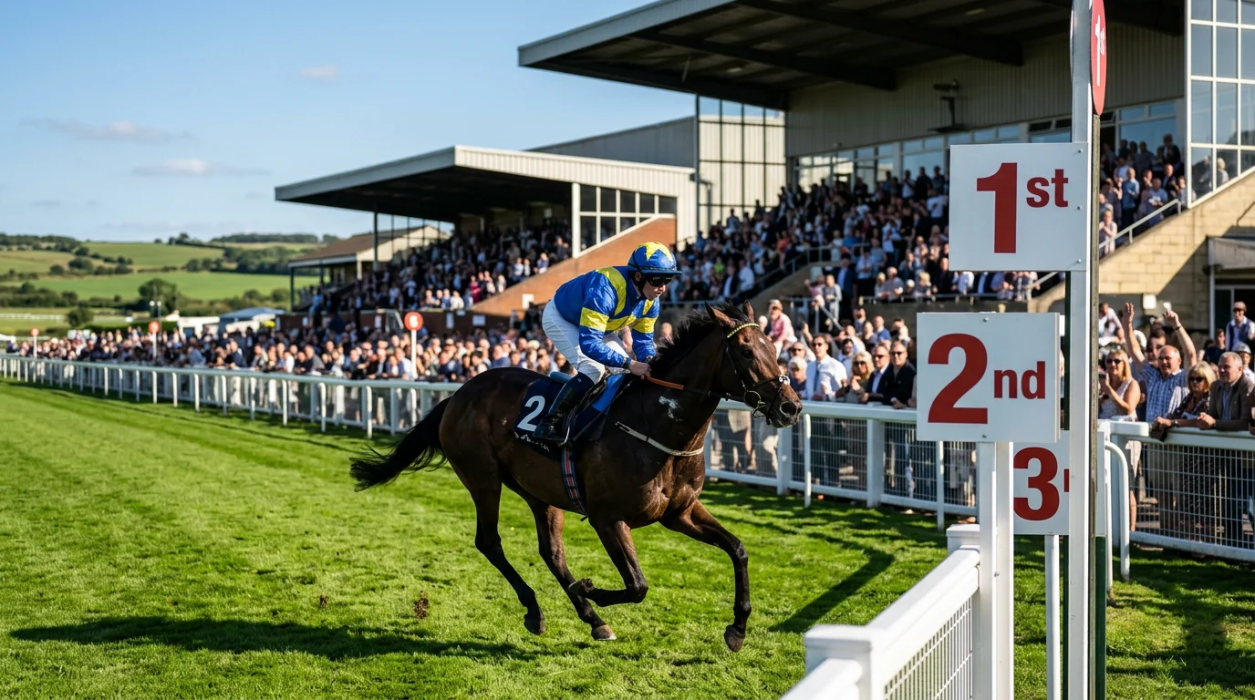 Jockey and horse crossing finish line at a UK racecourse with place positions marked on the rail
