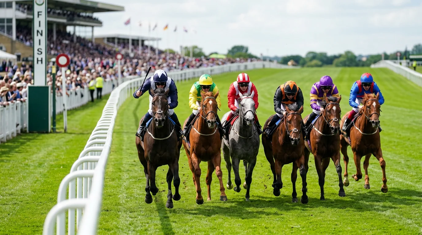 Horses bunched together approaching the finish at a UK racecourse with numbered place markers visible