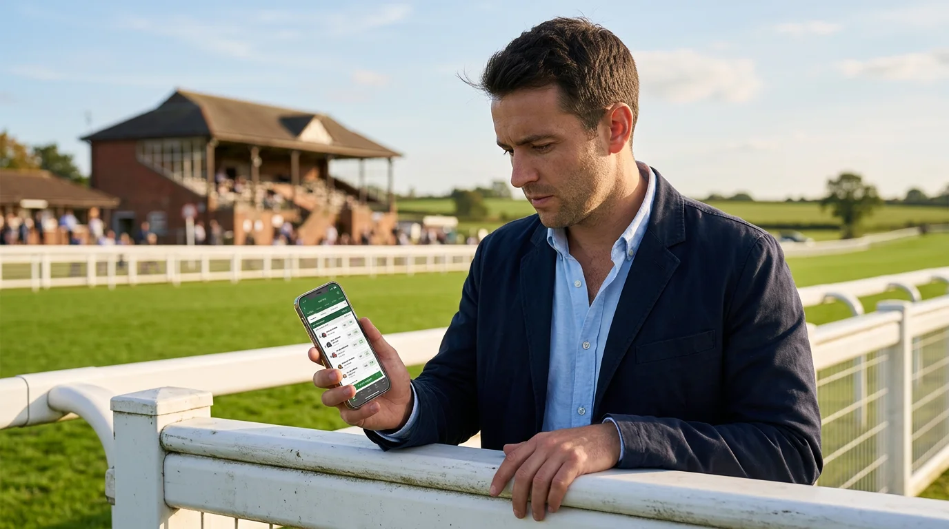 Person placing a horse racing bet on a smartphone at a UK racecourse