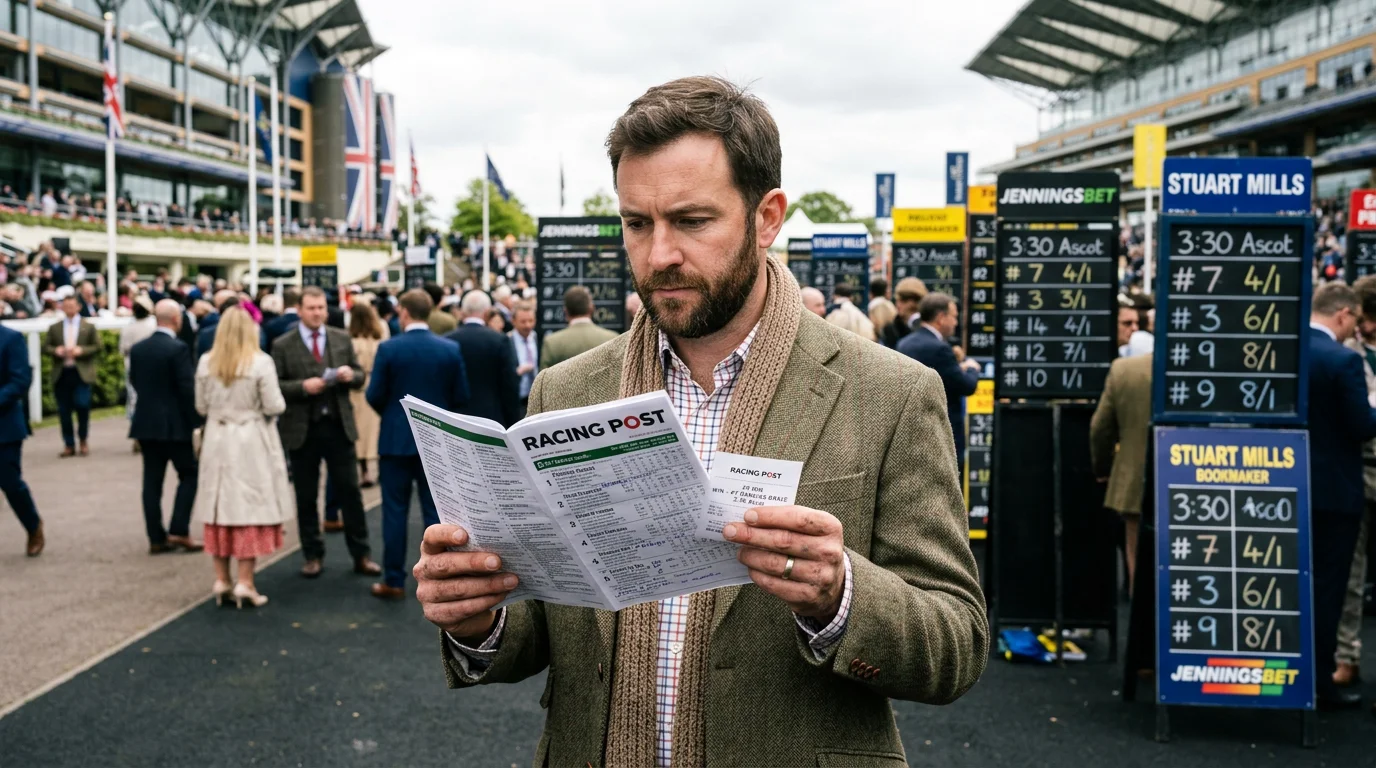 Punter studying a betting slip at a UK racecourse weighing up different bet types before the race