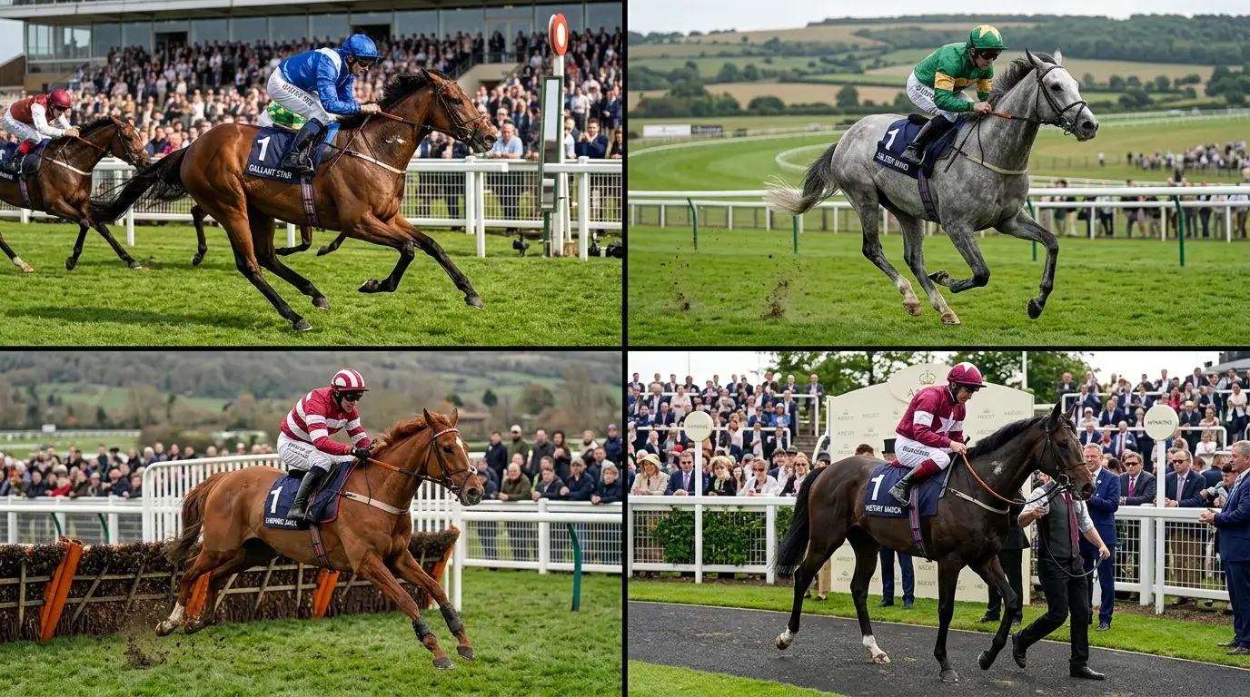 Four horses from different races collaged together representing the four selections in a Lucky 15 bet