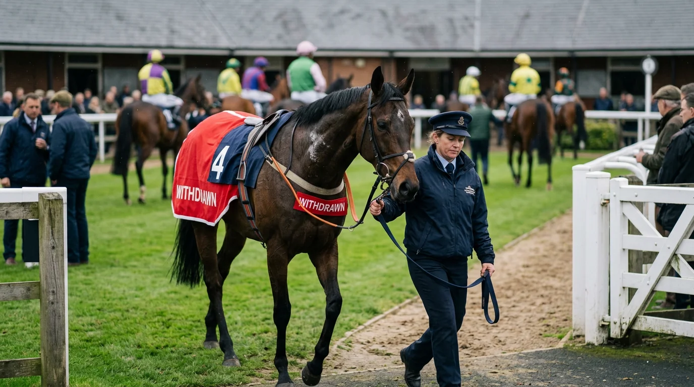 Horse being led away from the starting stalls at a UK racecourse after being withdrawn as a non-runner