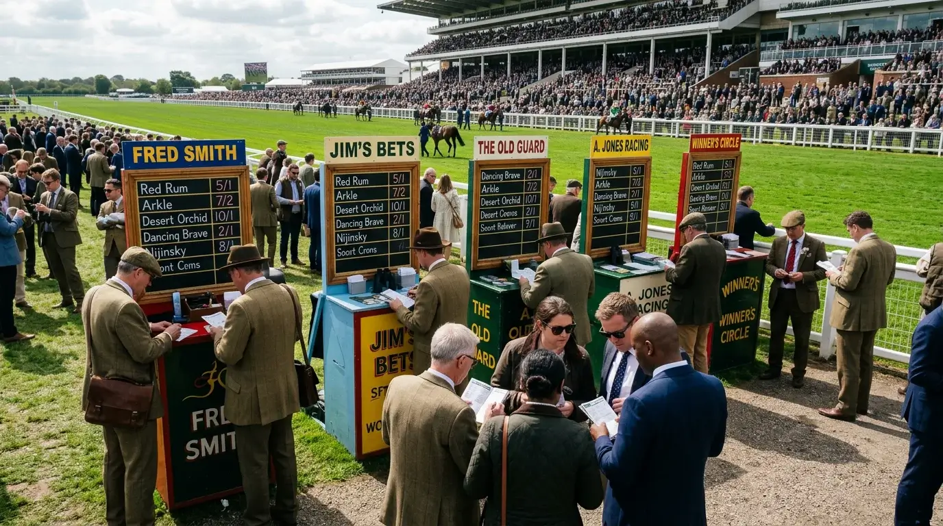 Row of on-course bookmakers with colourful boards in the betting ring at a UK racecourse