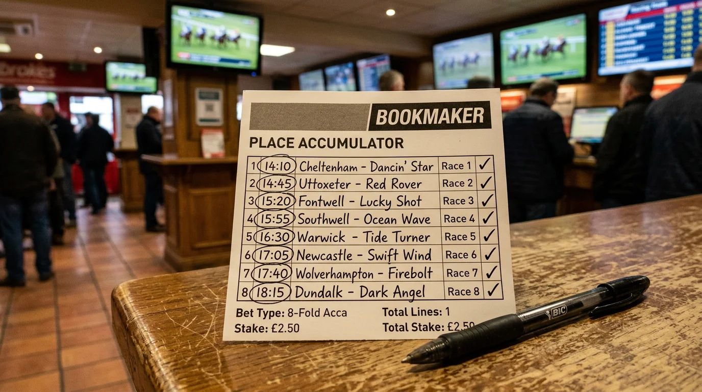 Betting slip with multiple horse racing selections ticked for a place accumulator at a UK bookmaker