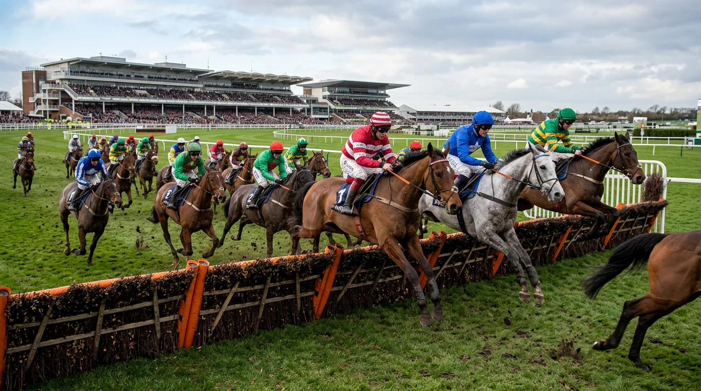 Large field of horses jumping a fence during the Grand National at Aintree racecourse