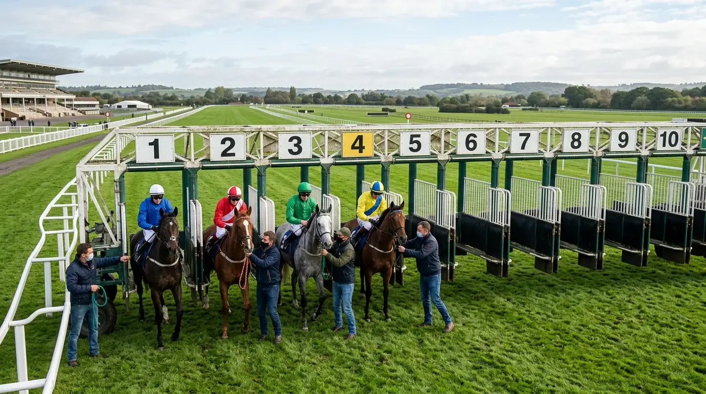 Small field of four or five horses lining up at the starting stalls of a UK racecourse