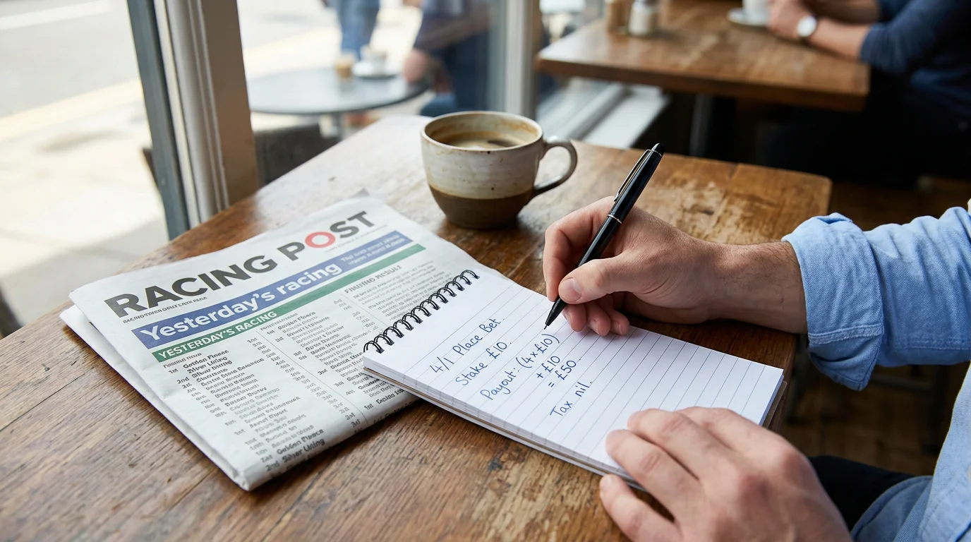 Place bet payout calculation example for UK horse racing with pen and notebook