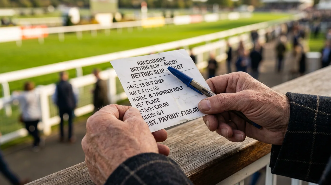 Punter reviewing a horse racing betting slip with payout figures at a British racecourse