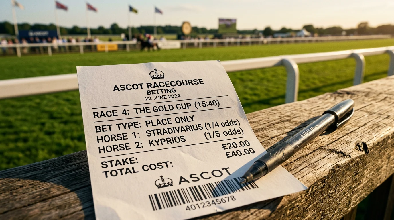 Betting slip showing fractional place odds alongside a UK racecourse with horses in the background
