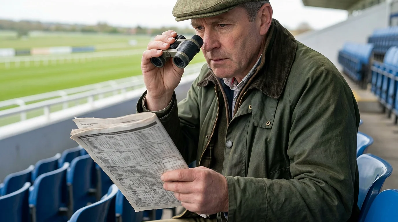 Punter studying a horse racing form guide with binoculars at a UK racecourse