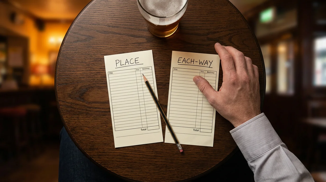 Two horse racing betting slips side by side comparing place bet and each-way bet