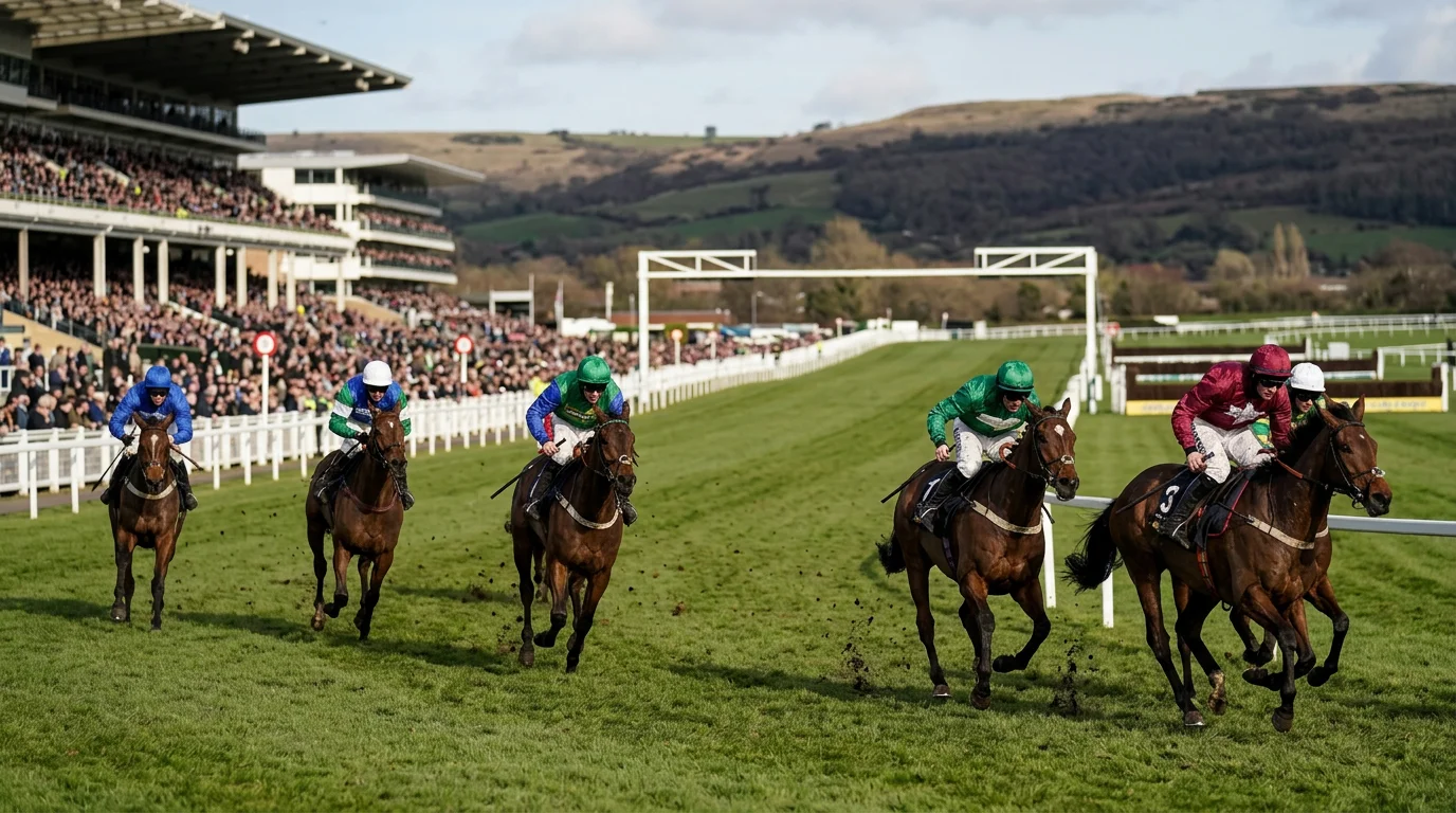 Horses racing uphill towards the finish at Cheltenham racecourse with the Cotswold hills in the background