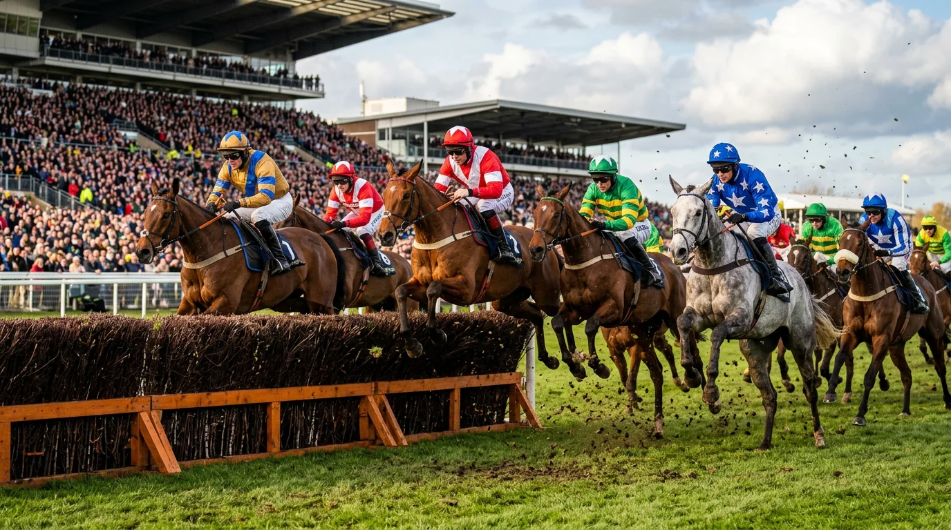 Horses jumping a fence at the Grand National at Aintree racecourse with packed grandstands