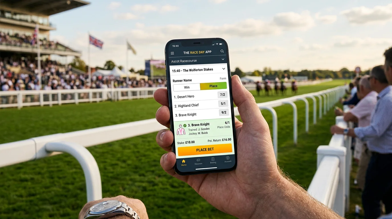 Punter selecting a place-only bet on a mobile phone with a UK racecourse in the background