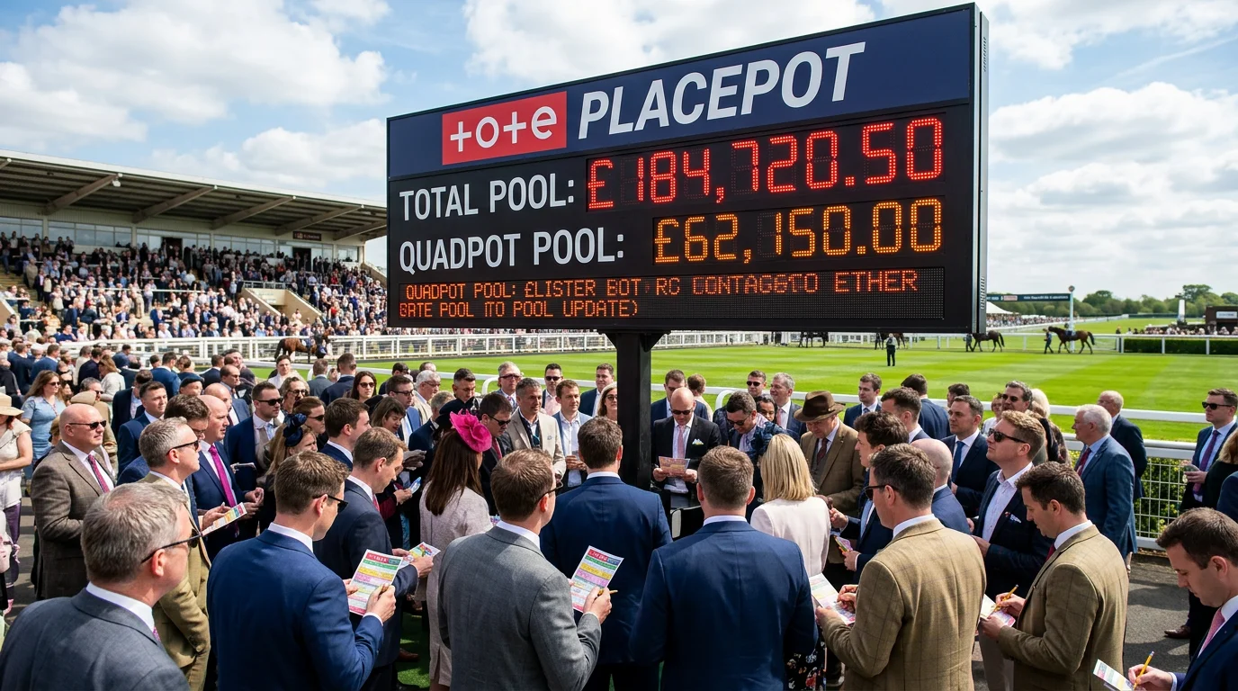Tote Placepot board displaying the pool total at a busy UK racecourse on a race day