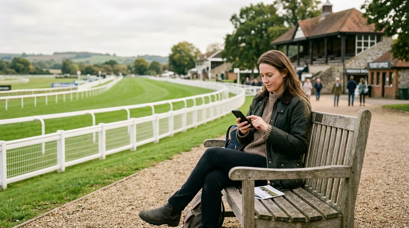 Person thoughtfully setting a deposit limit on a mobile phone with a peaceful UK racecourse scene behind