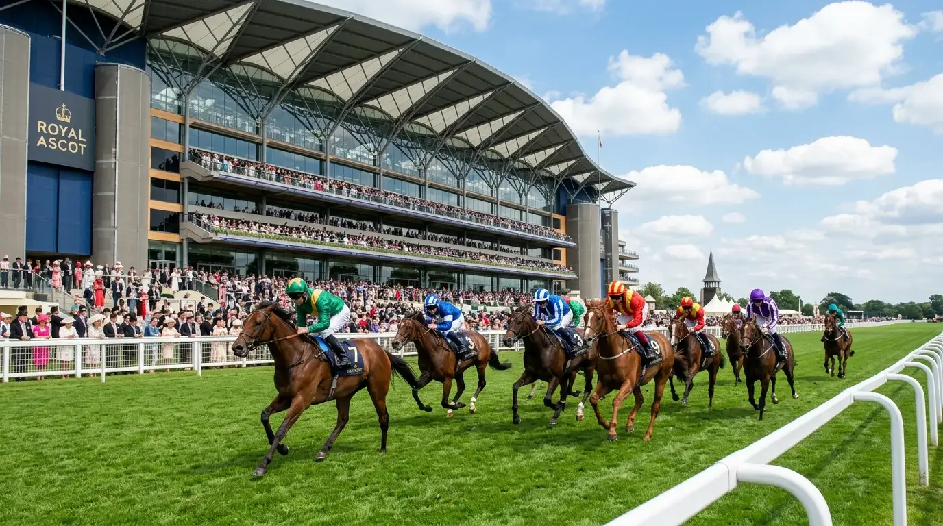 Horses racing past the Royal Ascot grandstand on a sunny day during the Royal Meeting