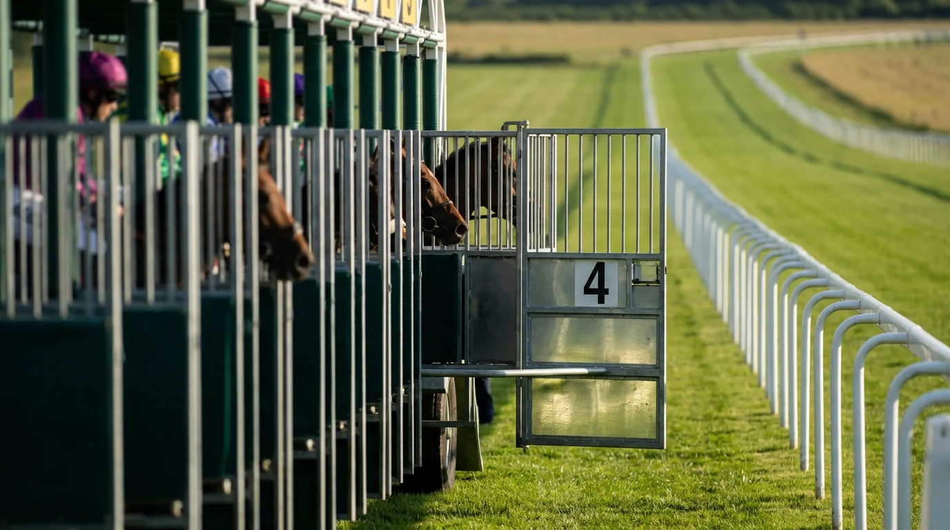 Empty horse racing stall at the start line of a UK racecourse indicating a non-runner withdrawal