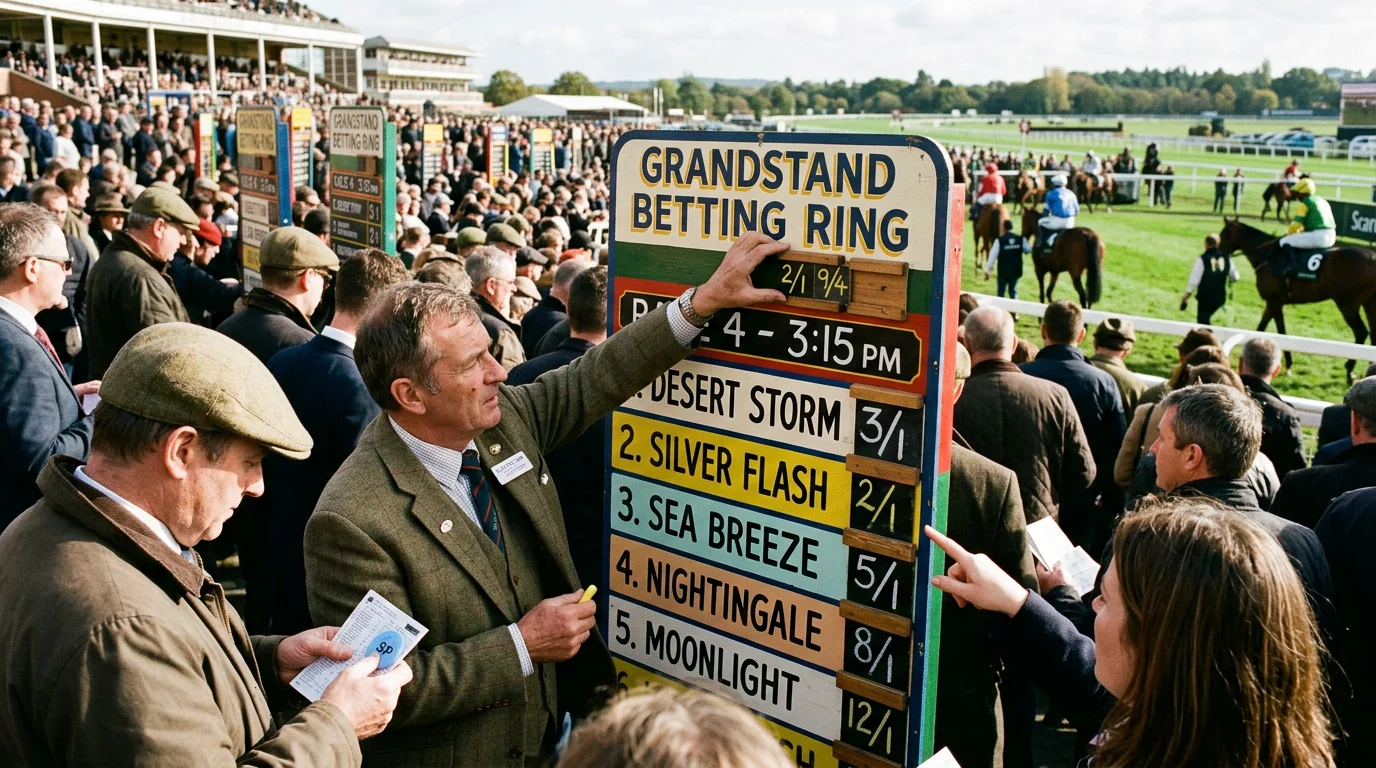 On-course bookmaker adjusting odds on a board moments before the start of a UK horse race