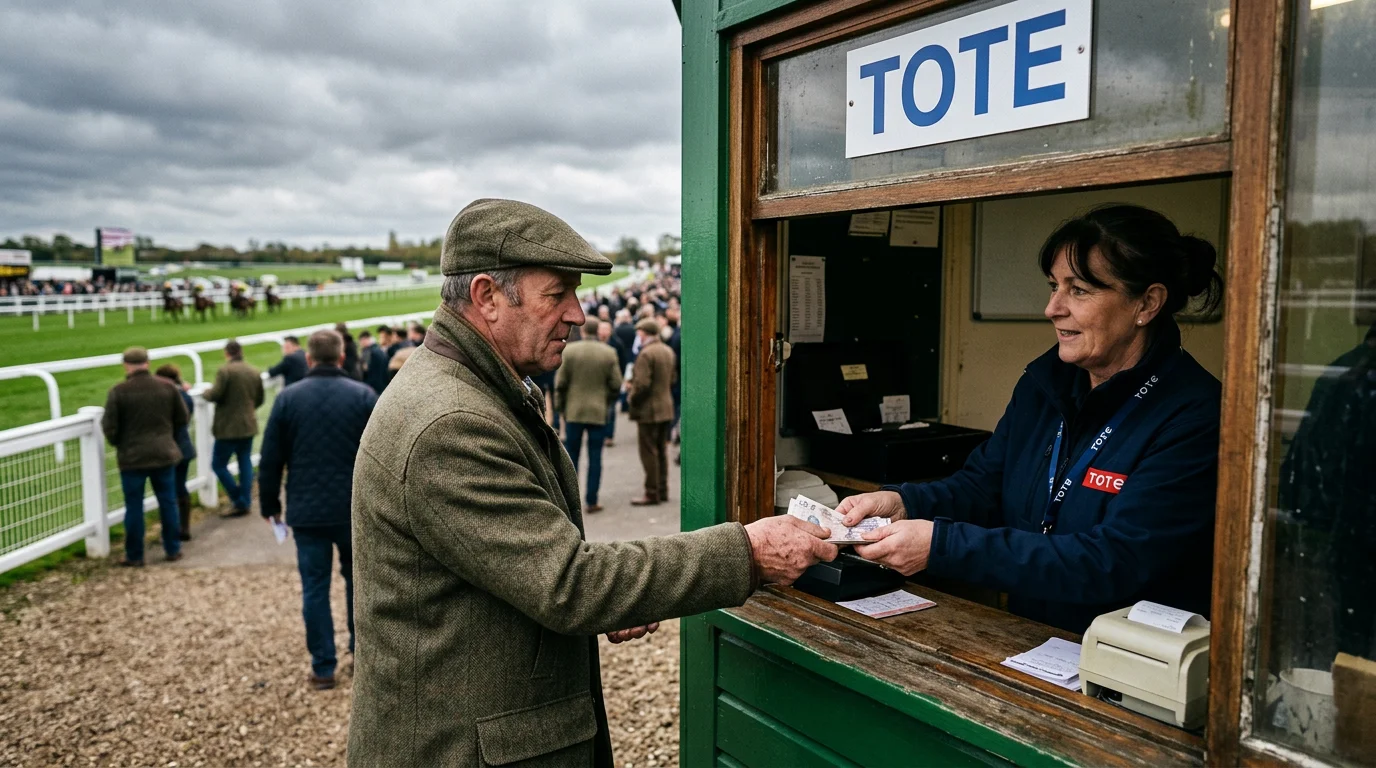 Tote betting window at a British racecourse with punters queuing to place pool bets