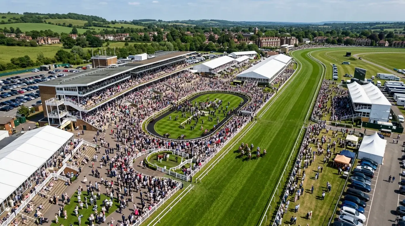 Aerial view of a packed UK racecourse on a major race day showing the scale of British horse racing