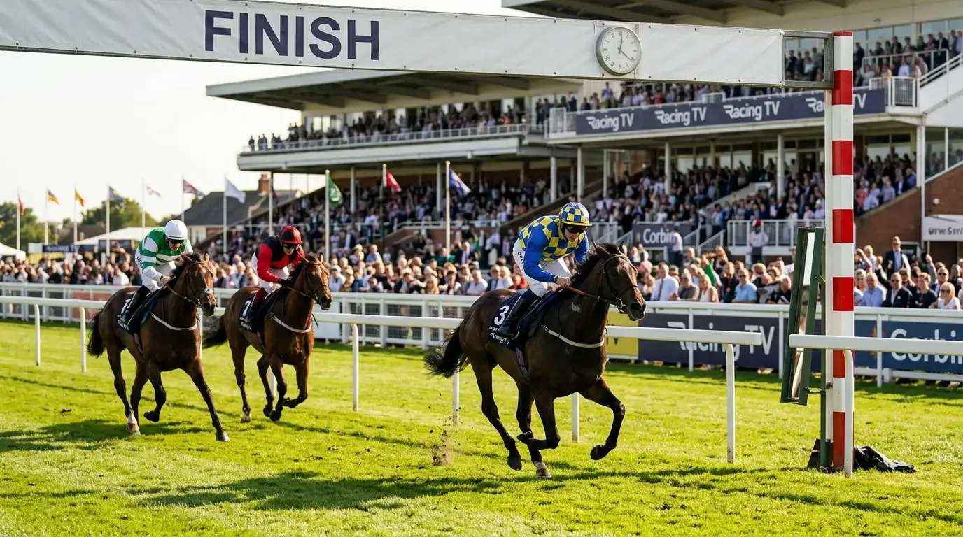 Horse finishing in a place position behind the winner at a sunny UK racecourse with the crowd cheering